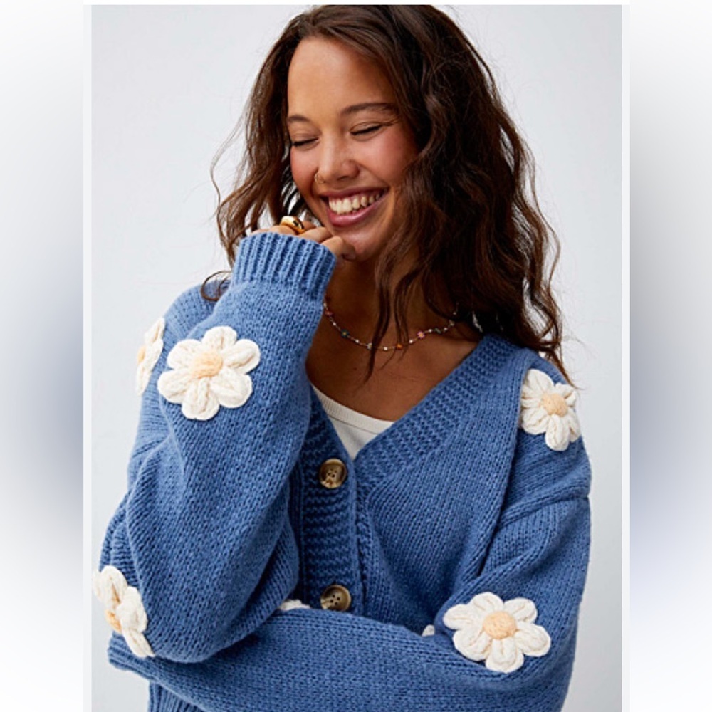 Dreamers Blue Floral‎ Knit Cardigan Sweater with 3d flowers fairy